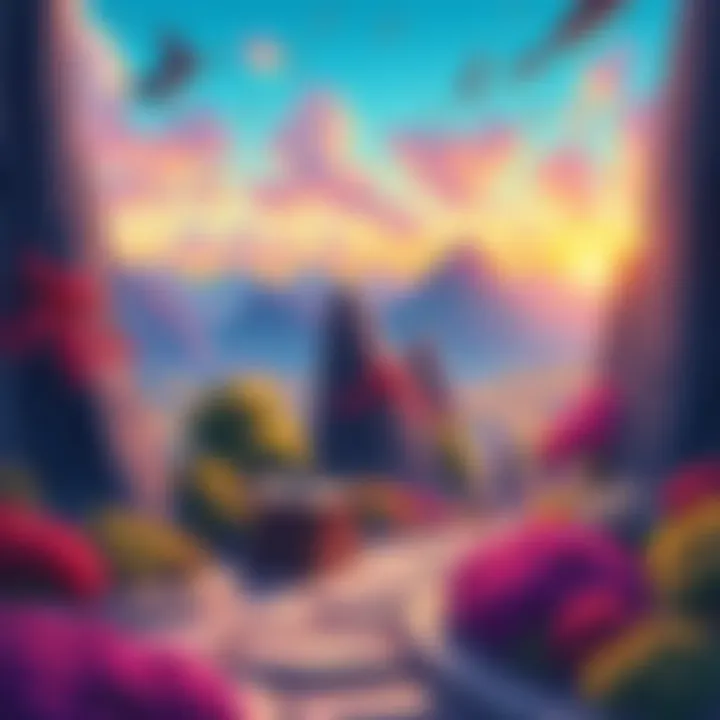 A colorful scene showcasing beautiful background art from pre-2000 anime series, featuring lush landscapes and vibrant colors