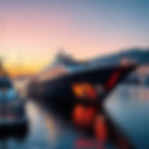 A majestic ship with sleek lines and vibrant colors docked at the harbor, showcasing its impressive features.