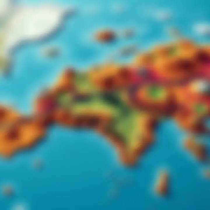 A beautiful, colorful map displaying various terrains and landmarks, capturing attention with its vivid colors and intricate details.