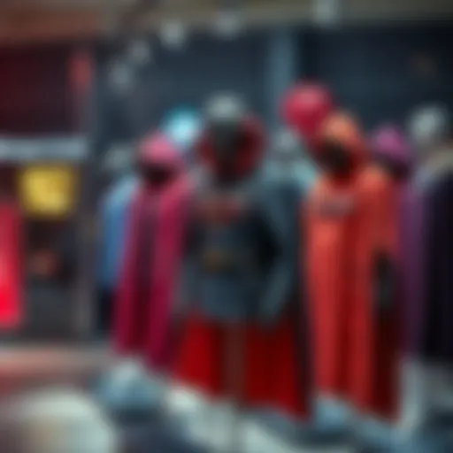 Several capes and clothing fits displayed on mannequins, showcasing different styles and designs.