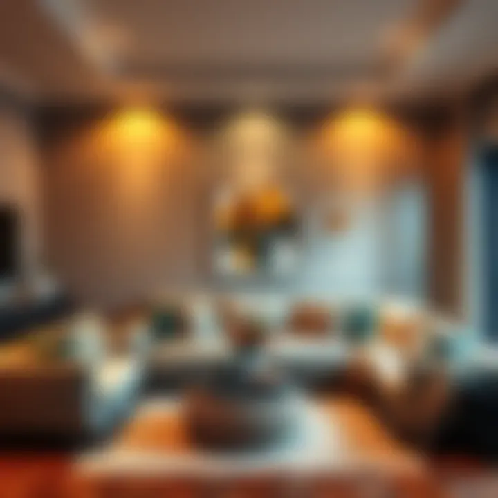 A well-decorated living room showcasing a cozy sofa, decorative pillows, and stylish lighting.