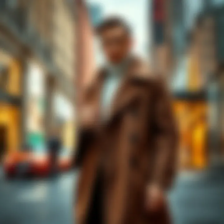 Stylish Luxurious Coat A model wearing a luxurious coat with a modern design, showcasing comfort and style on a city street.