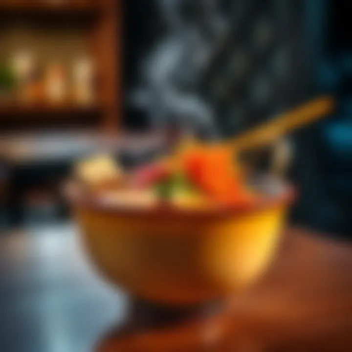 A beautifully presented bowl of ramen with colorful toppings and elegant chopsticks on a wooden table