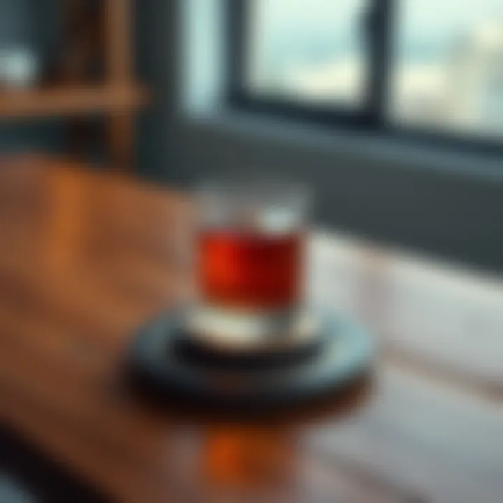 A stylish coaster sitting on a wooden table with a drink placed on it, showcasing its design and functionality.
