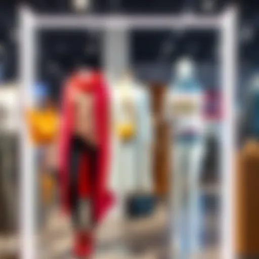 A collection of trendy outfits and accessories displayed on mannequins