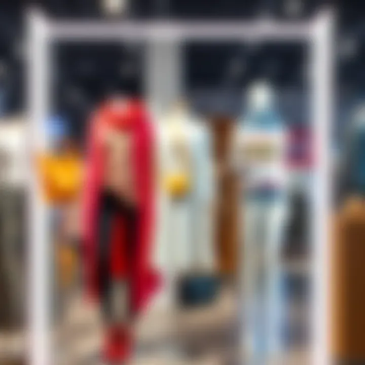 A collection of trendy outfits and accessories displayed on mannequins