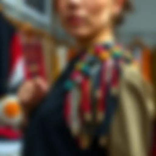A person wearing a fashionable shoulder and body accessory while crafting it with fabric and thread.