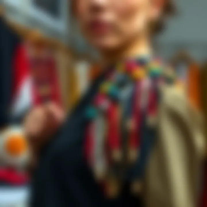 A person wearing a fashionable shoulder and body accessory while crafting it with fabric and thread.