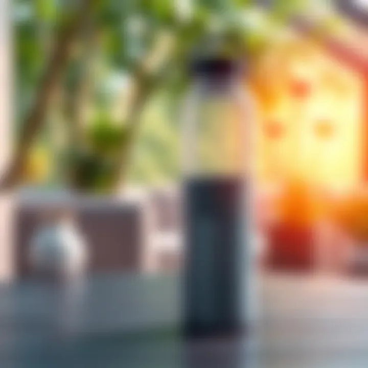 A modern water bottle sits on a table, showcasing its sleek design and practical features, with a refreshing background of greenery.