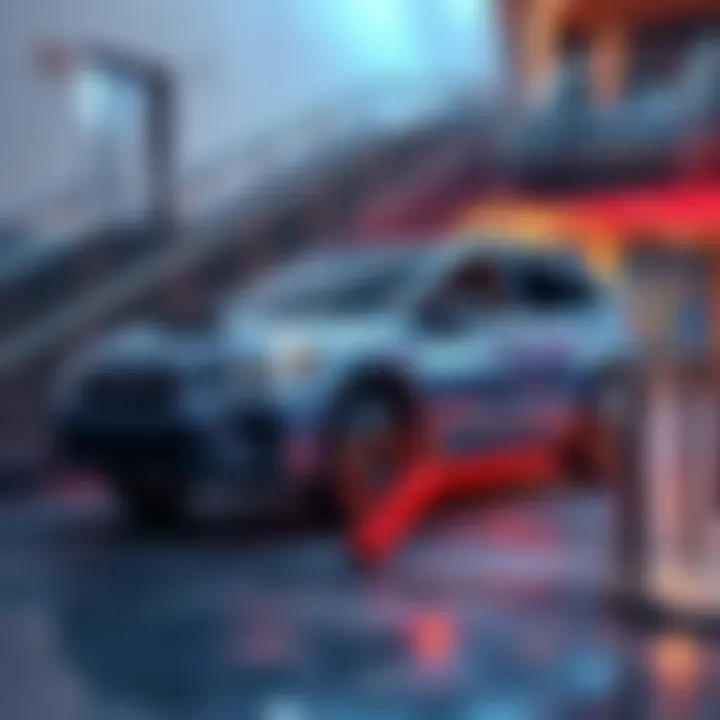 A Subaru vehicle equipped with a new impact frame, showcasing its design while positioned next to a flight of stairs, illustrating enhanced stair climbing accessibility.