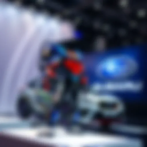A colorful NIKKE figure designed with a futuristic look, standing on a display with Subaru branding in the background.