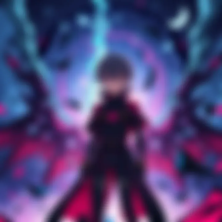 Subaru standing with a determined look, surrounded by dark elements representing his death loops, set in a fantasy background.