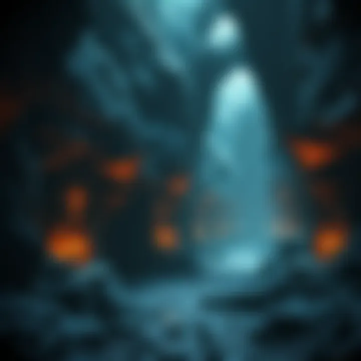 A dimly lit underground scene showing a hidden civilization with strange structures and glowing symbols on the walls.