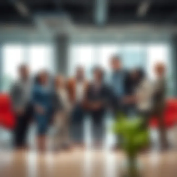A group of diverse successful individuals discussing their character traits in a bright office setting.