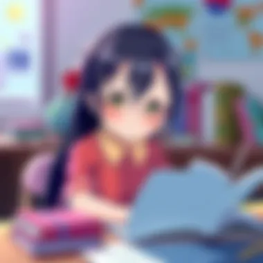 Sui-chan sitting at a desk with English books and notes, smiling as she practices her language skills.