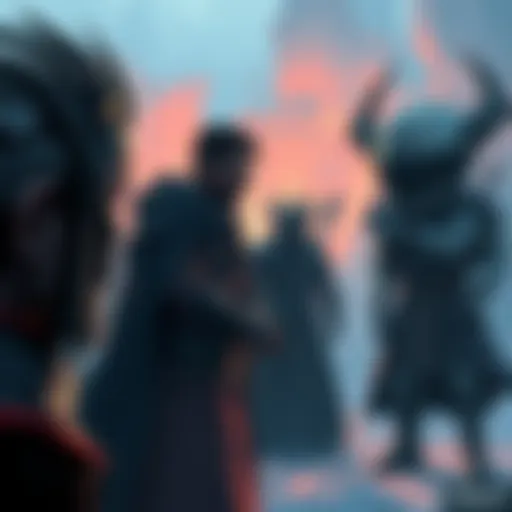 Illustration showing Suik and Parse in a tense confrontation, with Yuug observing in the background, representing a sense of mourning.