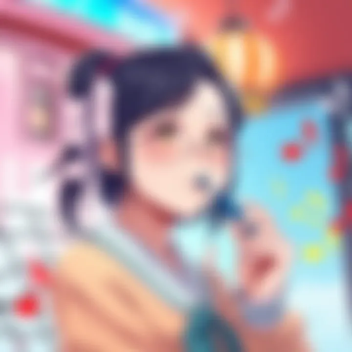 Suisei trying to whistle with a funny expression on her face, surrounded by musical notes and a cheerful background