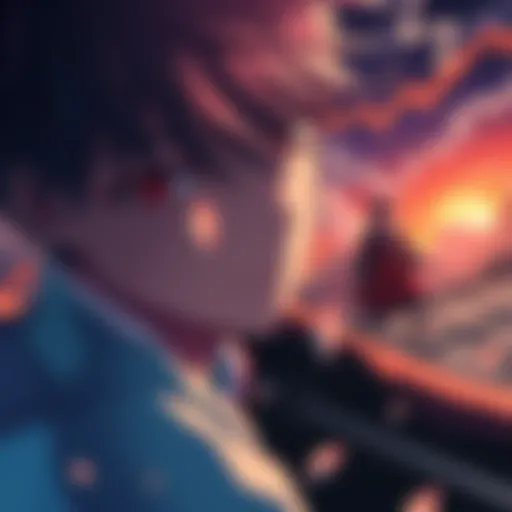 A visual representation of Sukuna, highlighting his unique features and expression, reflecting his role in the story. The background shows a dynamic scene that suggests conflict and tension with Gojo in the distance.