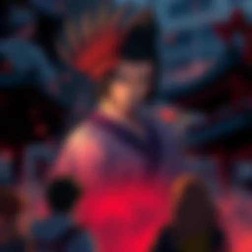 Sukuna, a strong character with a fierce expression, stands dramatically in a dark setting, hinting at an intense comeback. Fans gather around, discussing his impact on the story.