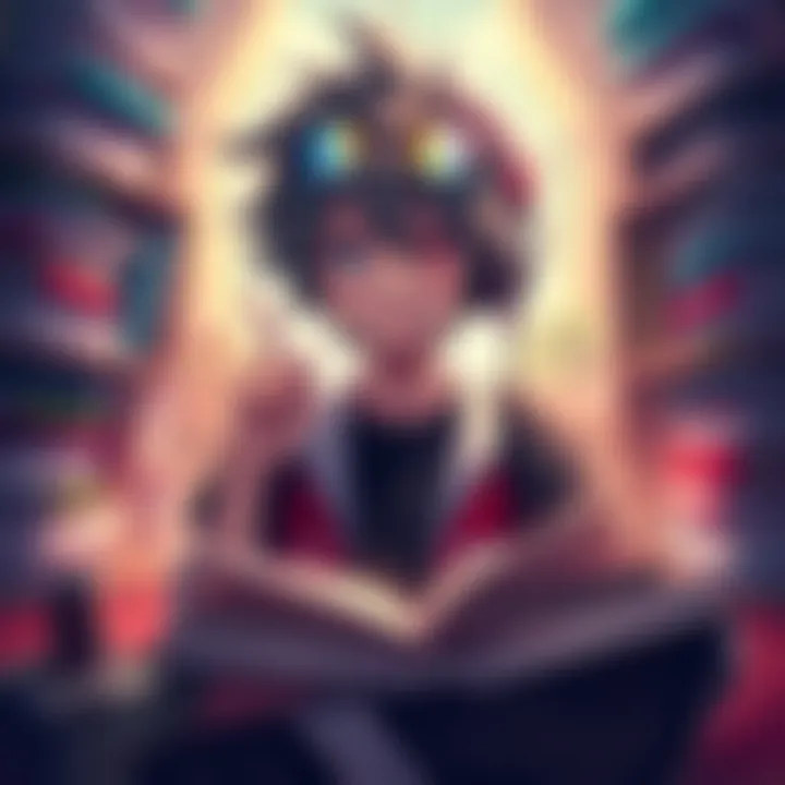 A character resembling Sukuna surrounded by books and gaming gear, showing his nerdy side with a playful expression.