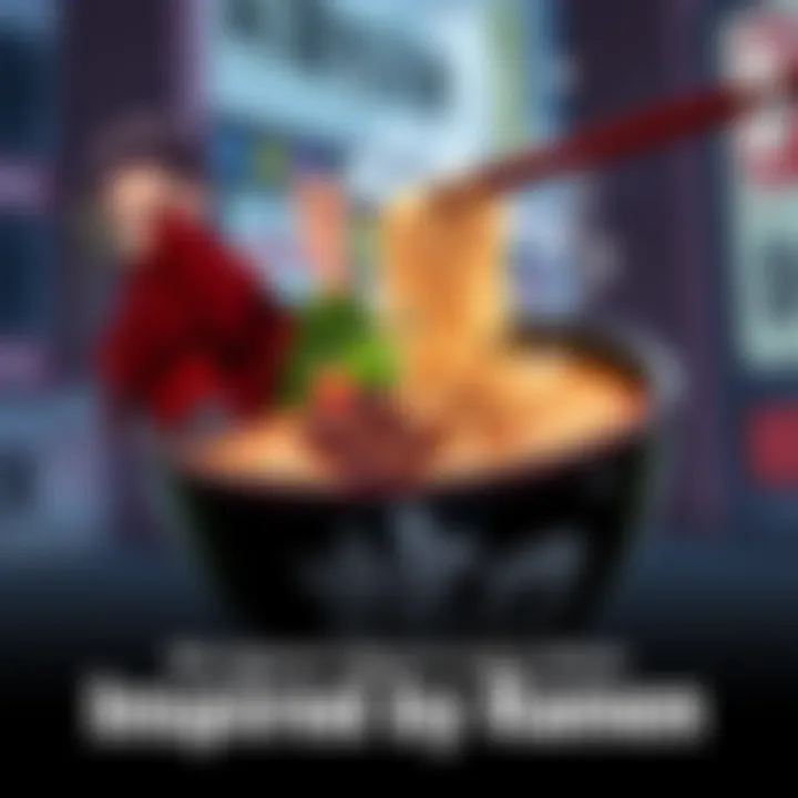 A bowl of ramen with Sukuna's character design in the background, showcasing the quirky inspiration behind his name.