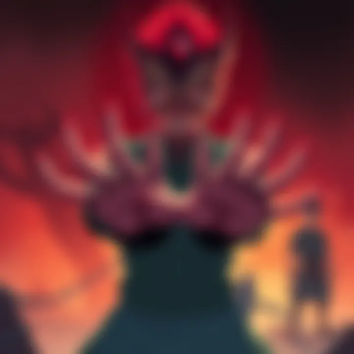 Sukuna with 20 fingers Sukuna stands menacingly, showing off his 20 fingers, each uniquely sealed, while a figure resembling Yuji watches cautiously in the background.