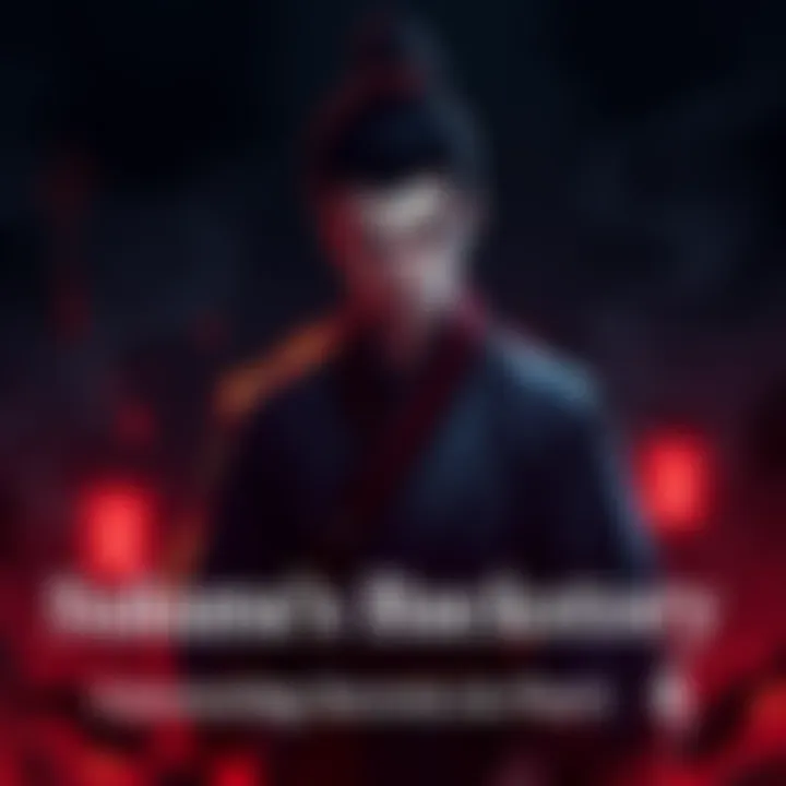 Sukuna stands with a serious expression in a shadowy background, surrounded by hints of his past. He is dressed in traditional clothing, showcasing his fierce demeanor.