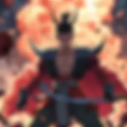 Sukuna, a powerful figure, stands in a fierce battle stance with a serious expression, surrounded by chaotic energy and debris from the fight, hinting at his hesitation.
