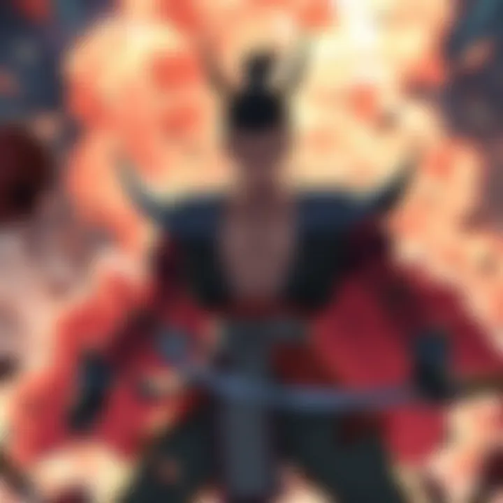 Sukuna in Battle Sukuna, a powerful figure, stands in a fierce battle stance with a serious expression, surrounded by chaotic energy and debris from the fight, hinting at his hesitation.