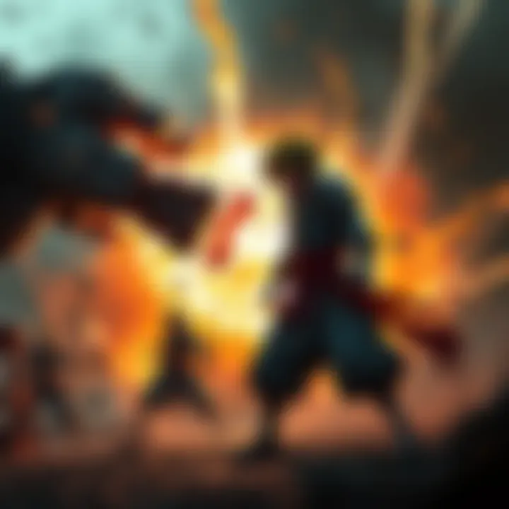 Sukuna Bracing for Impact Sukuna, a powerful character, stands firm as a massive attack approaches, showcasing his determination and protective stance.