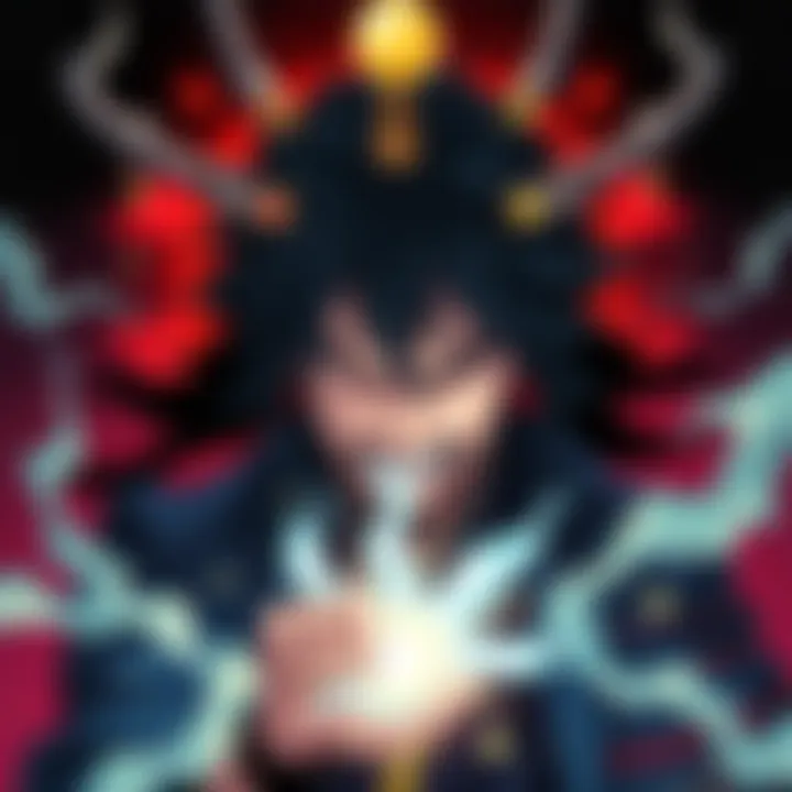 A powerful character with dark hair and a fierce expression, surrounded by mystical energy and symbols, representing his influence in modern culture.