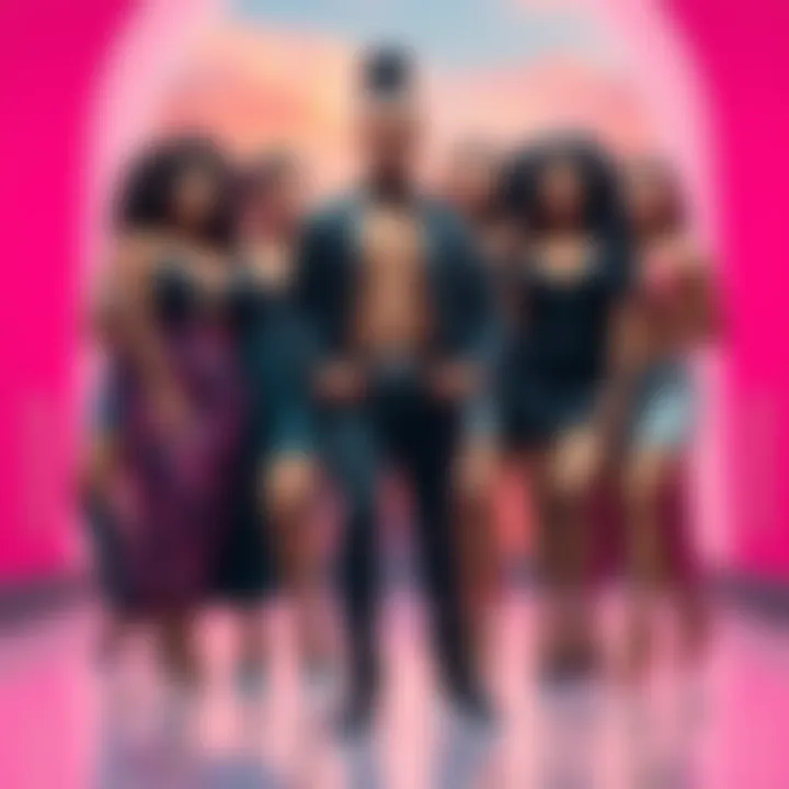 Sukuna with curvy women Sukuna standing confidently next to a group of curvy women, showcasing his attraction, with a vibrant backdrop.