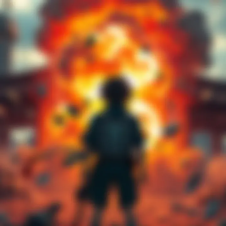 Sukuna bracing himself as a massive explosion occurs in the background, debris flying around him.