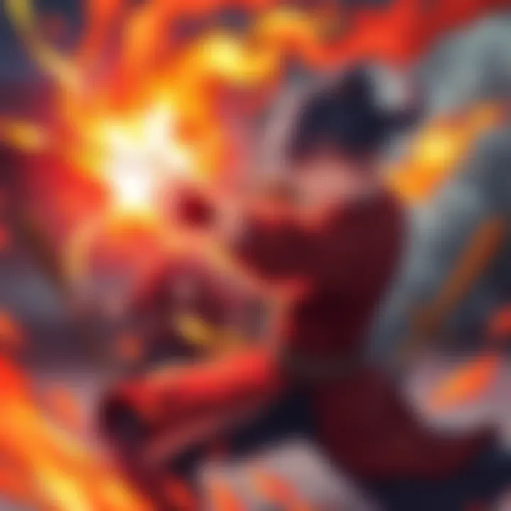 Sukuna launching a fire arrow during battle, with flames trailing behind, against a backdrop of intense combat with Gojo.