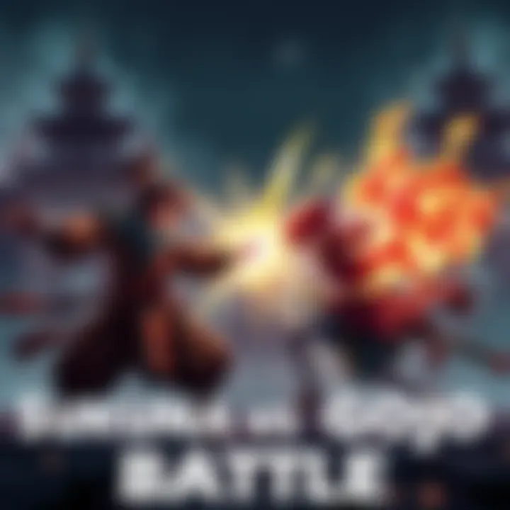 Sukuna and Gojo Battle Sukuna and Gojo clash with the Demon Slayer crew in an intense fight scene, showcasing their powers and skills against the backdrop of a dramatic setting.