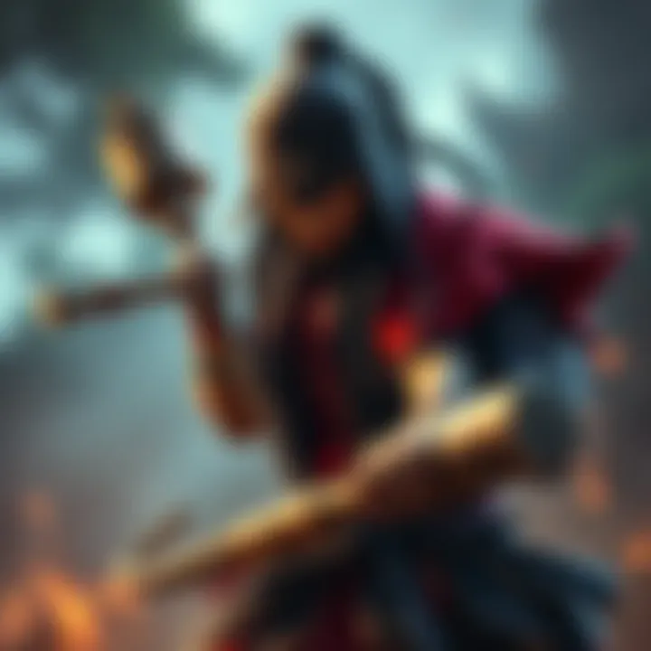 A character named Sukuna holding a large mallet, showcasing her strength and confidence, with a dramatic background.