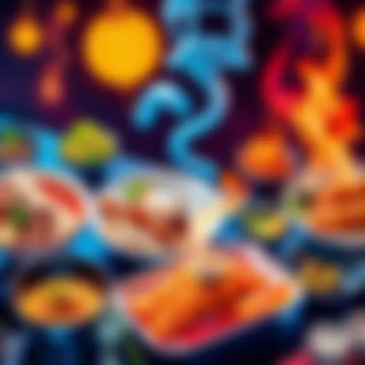 A visually stunning artwork depicting an array of meals inspired by Sukuna, showcasing vibrant colors and creative plating.