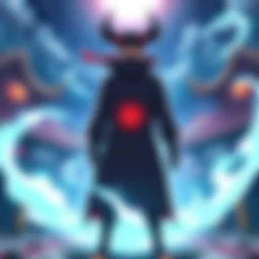 A powerful character resembling Sukuna stands in a ninja village, surrounded by chakra energy, ready to face top-tier characters from the Naruto universe.