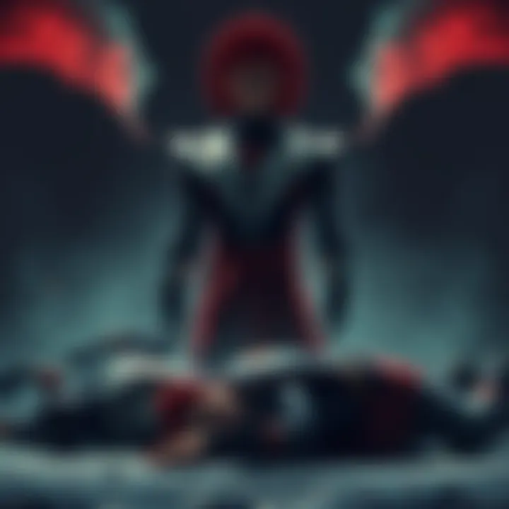 Sukuna stands confidently with a menacing expression, gazing at defeated opponents lying on the ground, showcasing his overwhelming power.