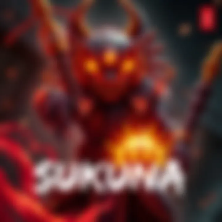 A character resembling Sukuna in a Dandadan art style, featuring elements of both a fierce monster and a protective figure, showcasing a mix of traditional folklore imagery