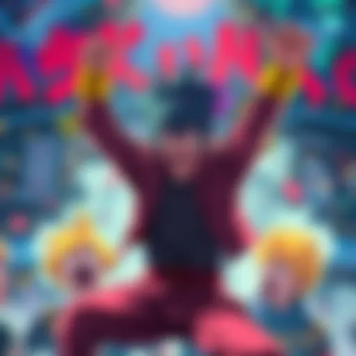Sukuna celebrating a bizarre victory with dramatic expressions and colorful effects, surrounded by shocked characters