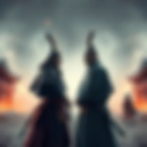 Heian era Sukuna and Gojo stand facing each other, ready for battle. Sukuna has a fierce expression, while Gojo appears calm and confident. The background suggests a dramatic confrontation environment...