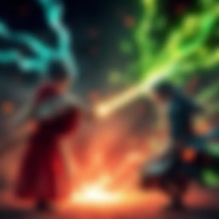 A dynamic scene showing Heian era Sukuna preparing to battle Gojo, with energy radiating around both characters, illustrating their intense confrontation.