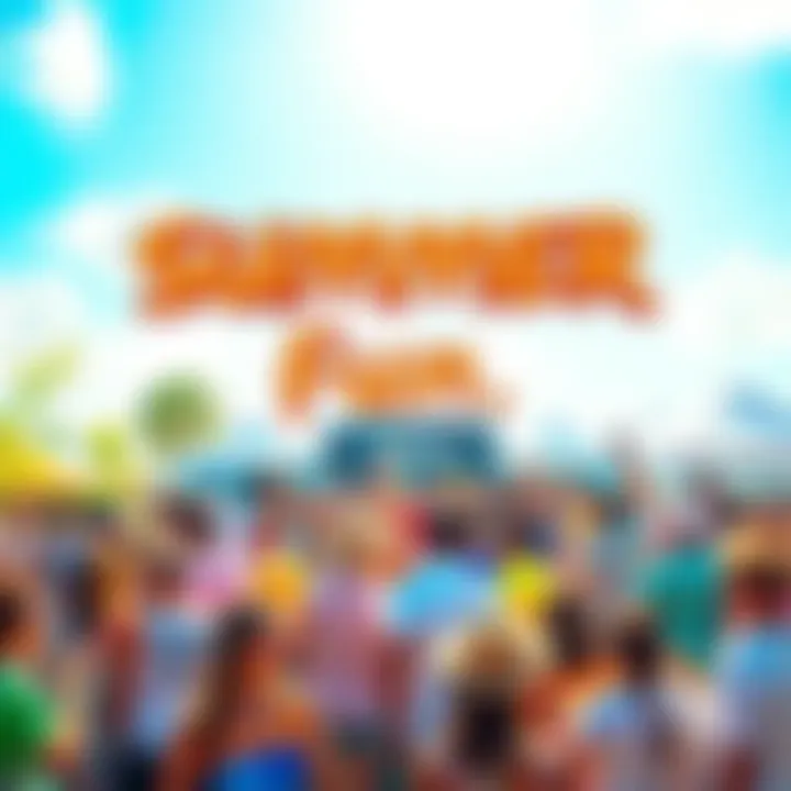 A vibrant summer scene featuring a joyful gathering of people enjoying exclusive events and activities organized by Nemu, set under a sunny sky.
