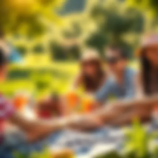 People enjoying a picnic in the sun with fruits and drinks
