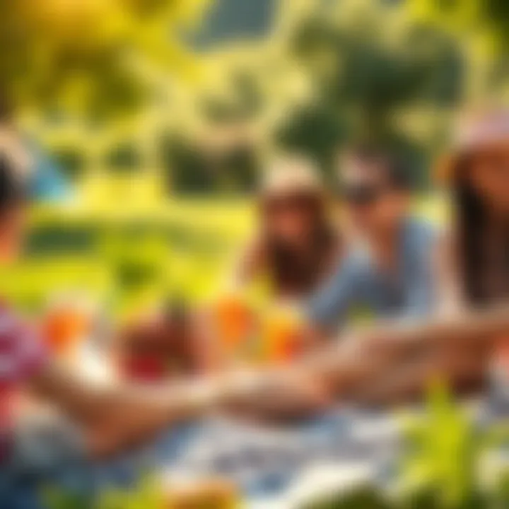 People enjoying a picnic in the sun with fruits and drinks