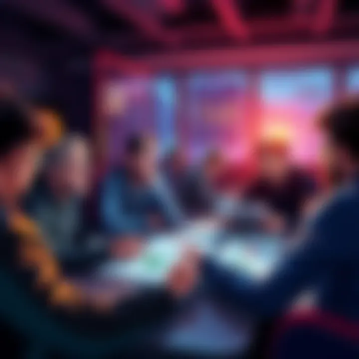 A group of people discussing strategies for summoning and investment in a relaxed setting, with charts and notes visible on a table.