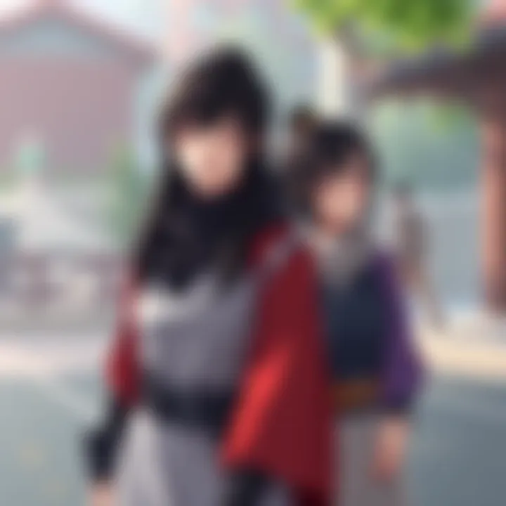 Sumrie and Sarada standing confidently, showing their steady demeanor after the time skip, surrounded by a peaceful environment.