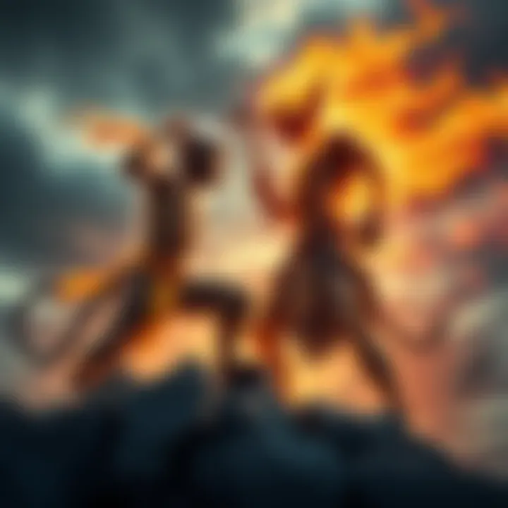 A portrayal of Sun Wukong, the Monkey King, in a fierce pose facing Prometheus, who carries fire. They stand on a rocky landscape with dramatic skies.