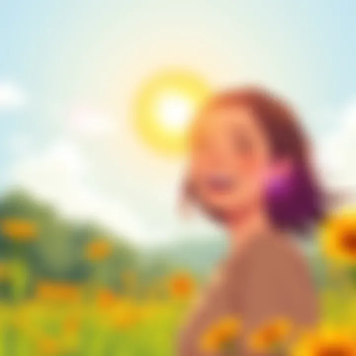 A cheerful scene with a bright sun and a person smiling while enjoying nature